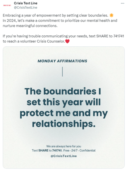 Organizacja Crisis Text Line – post na Twitterze (X)