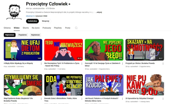 kanał z wyróżniającymi się miniaturkami na YouTubie